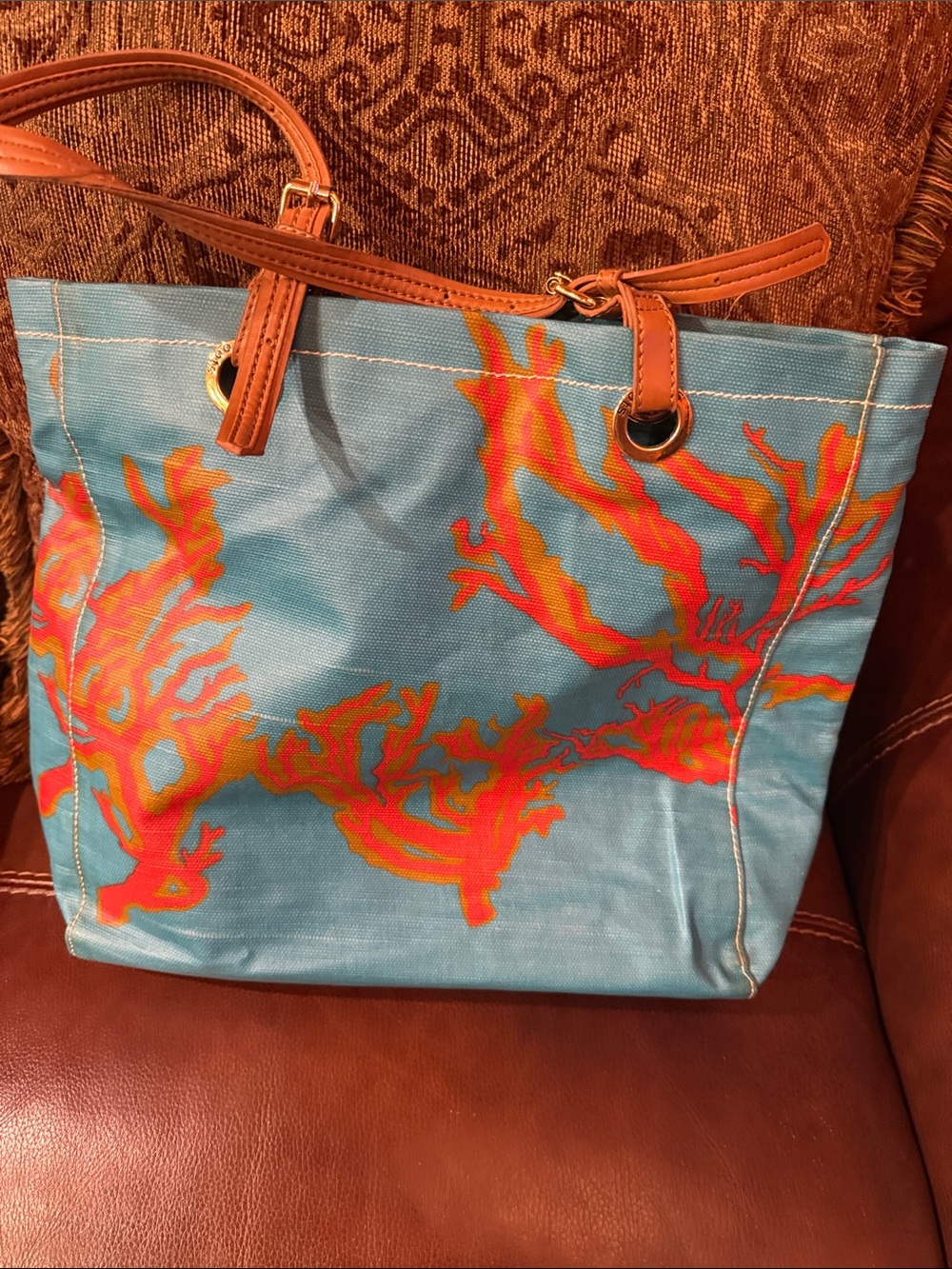 Sakroots Turquoise Tote with Orange Coral Print